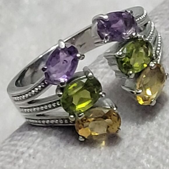 African Amethyst, Peridot, Brazilian Citrine Open Band Ring Size 9 - Picture 3 of 14